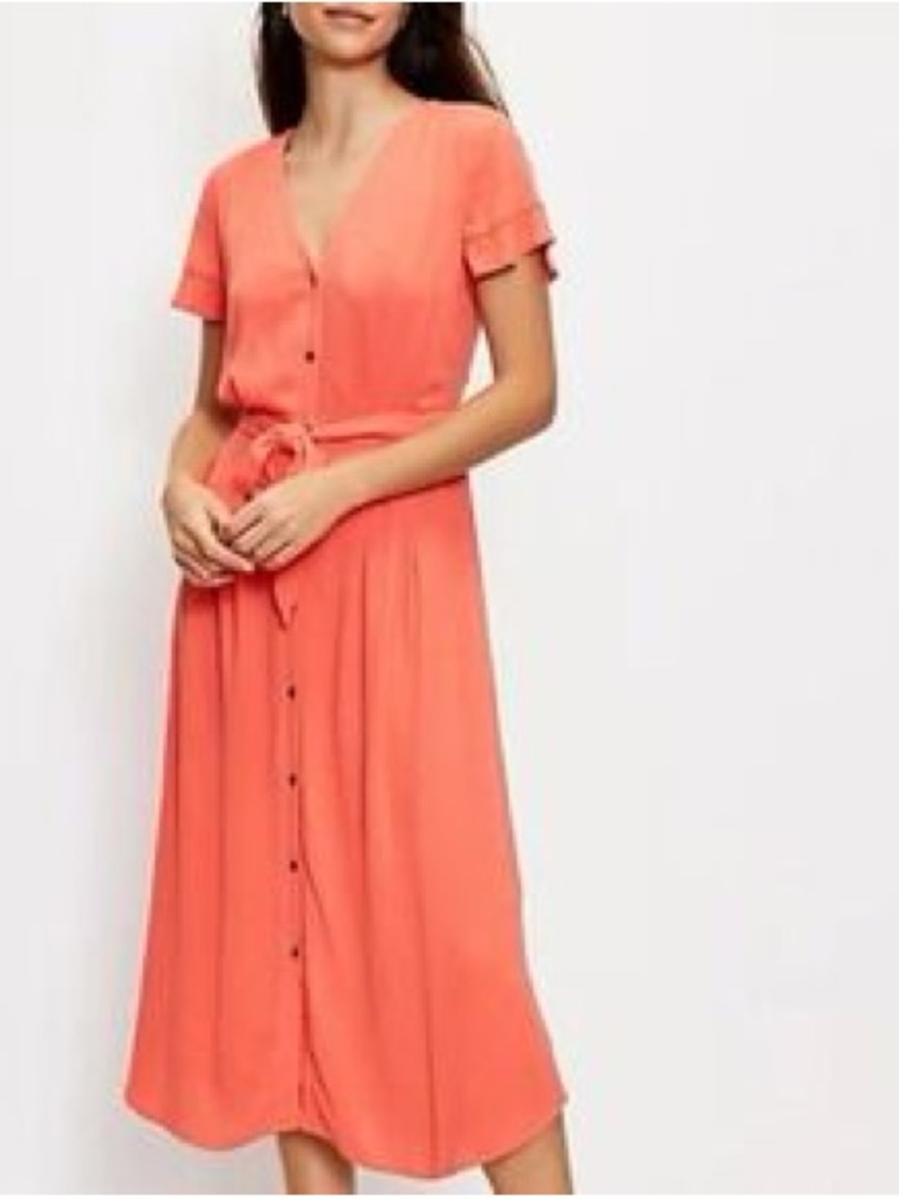 LOFT Coral-Orange Button-Front Midi Dress with Waist Tie - Picture 1 of 6